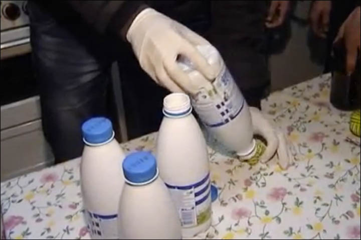 Drug packed in milk bottles