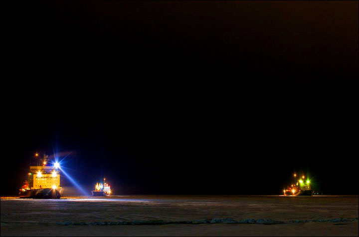 Icebreakers make historic Arctic voyage, then get stuck in frozen sea on return journey 