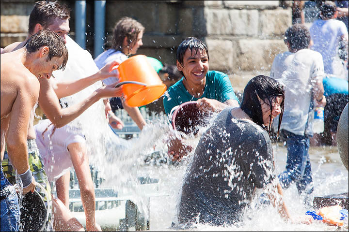 The scene resembles Songkran in Thailand when you are lucky to escape dry.