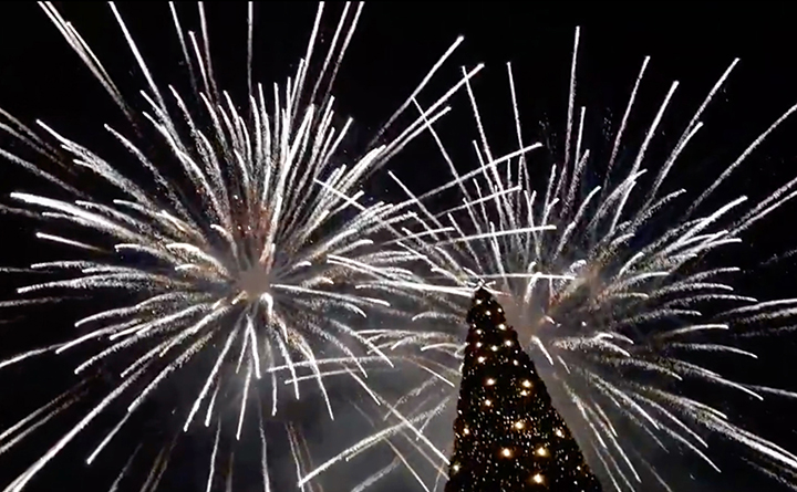 Festive tree erupts in flames as several thousand mark New Year celebration