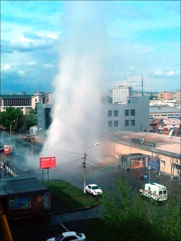 Packed minibus filled with boiling water after 'geyser' bursts through Siberian street