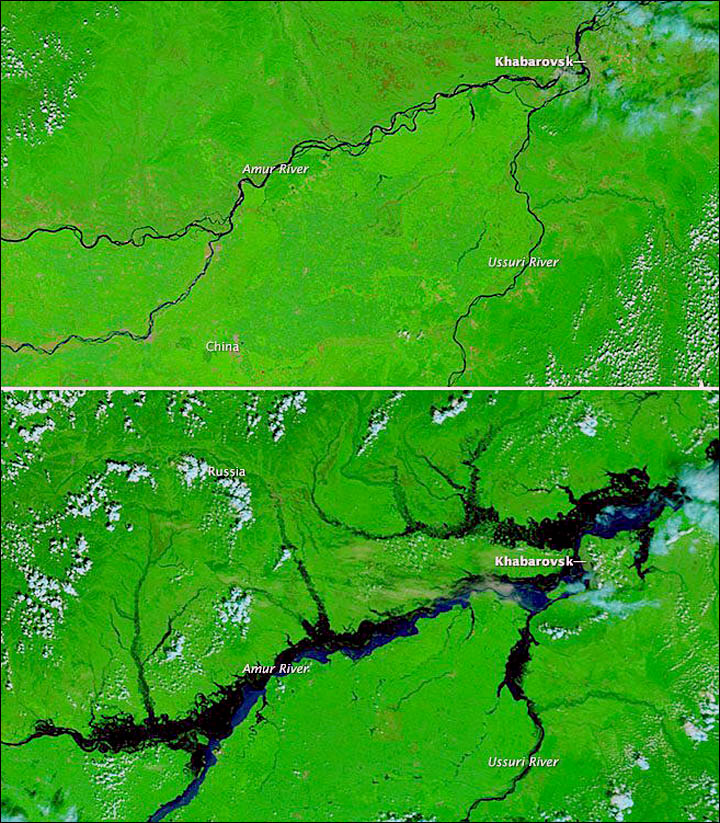 Aerial pictures of flooded Amur river, years 2008 and 2013 