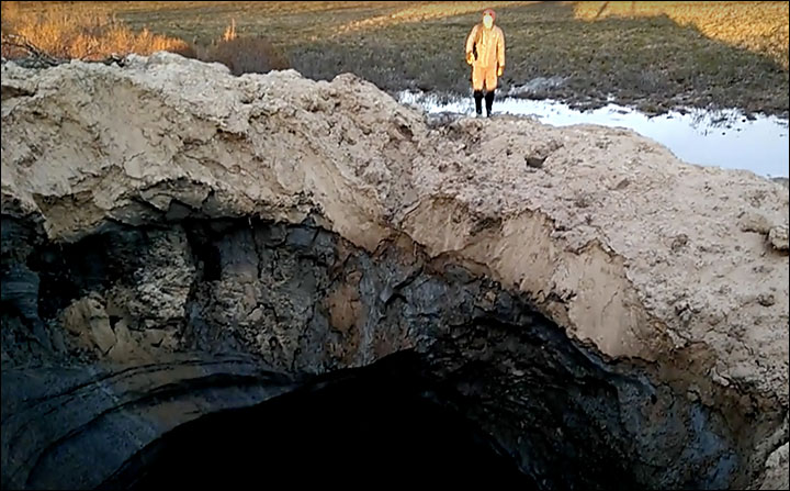Pipes are built over bulging and unstable Arctic pingos prone to violent eruptions caused by 'thawing methane gas', as seen twice on the Yamal peninsula this year.