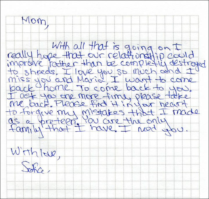 Sofia's letter to mother