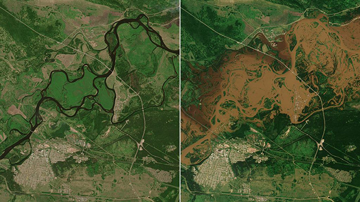 Biryusa river before and during the flood